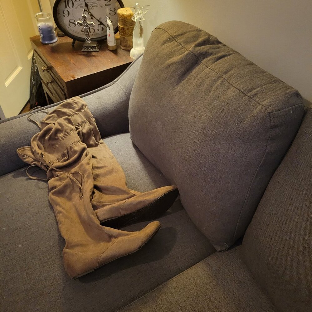 Suede over the knee boots (size 10) A Gray pair & a tan pair.